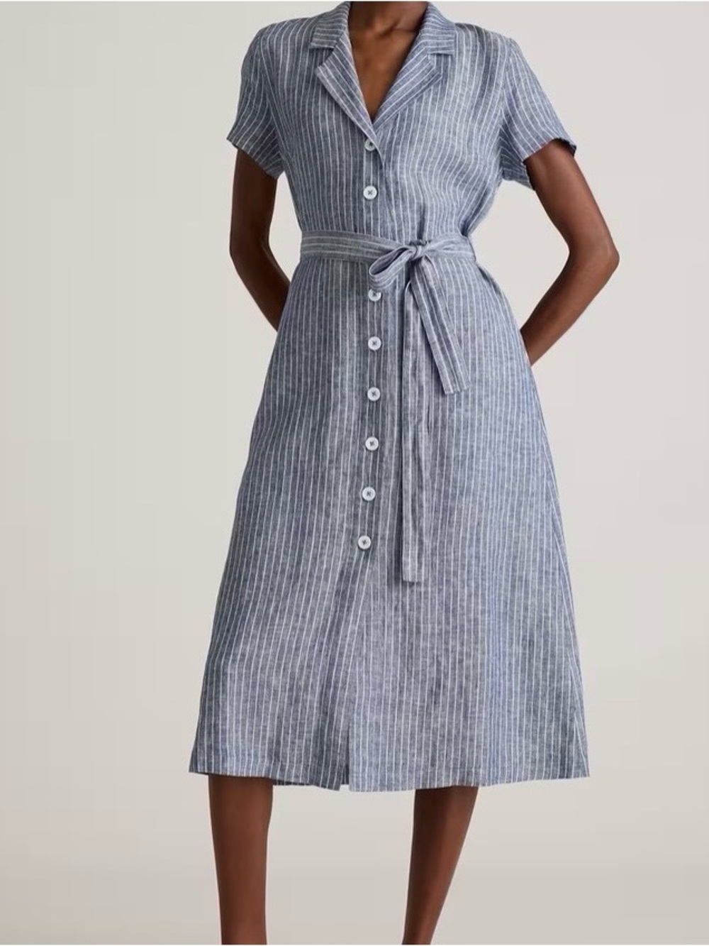Quince European Linen Button-Front Striped Dress Waist Tie Blue White Womens L
